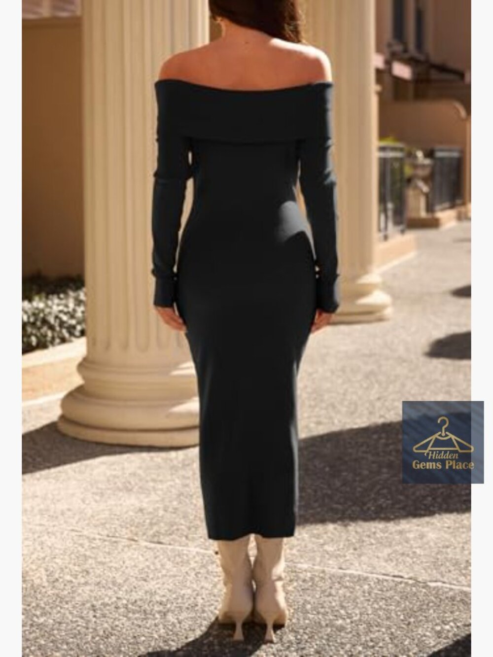 Long Sleeve Bodycon Sweater Dress Off Shoulder Midi Formal Party - Picture 4 of 7